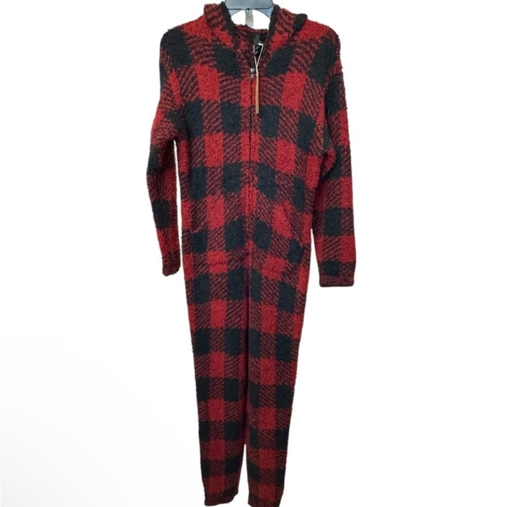 SKIMS Unisex Red Black Brick Buffalo Check Cozy Knit Onesie Size Small/Med NWT